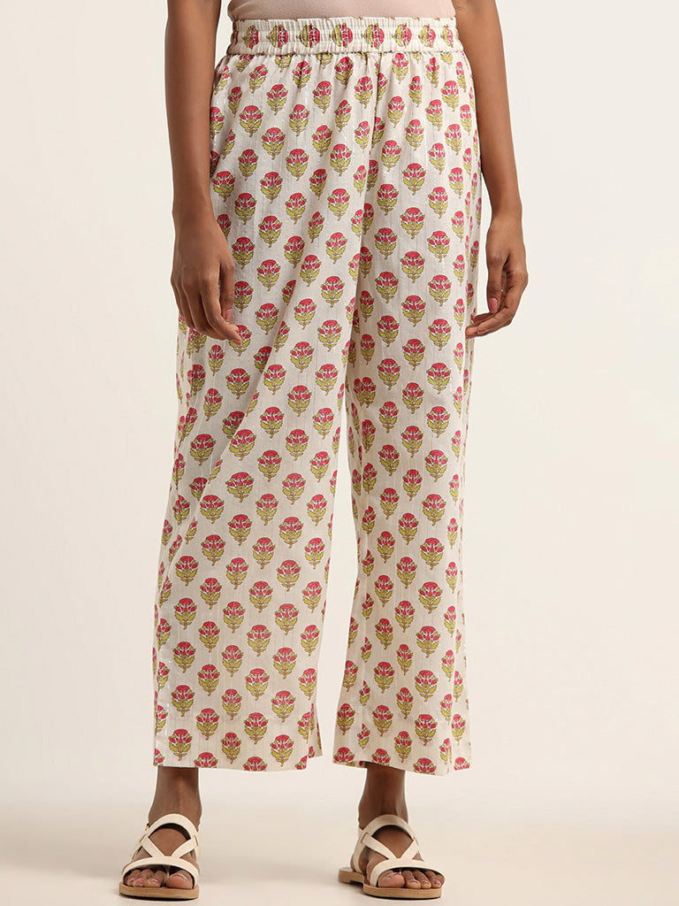 Utsa Off White Floral Print Blended Linen Palazzos