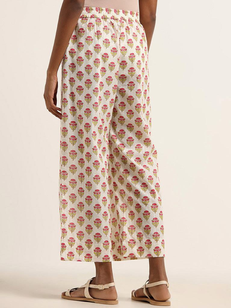 Utsa Off White Floral Print Blended Linen Palazzos