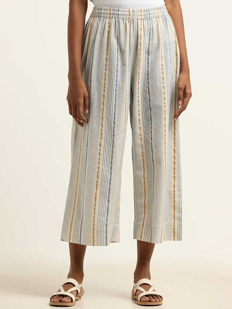 Utsa Light Blue Striped Blended Linen Pants