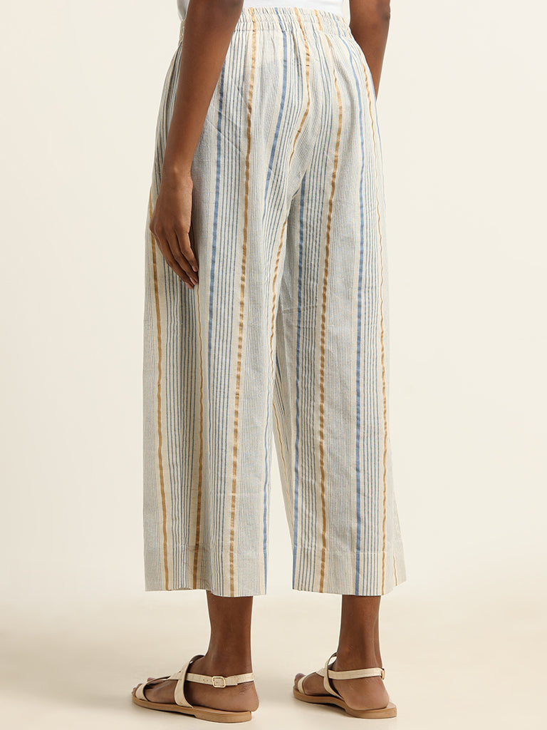 Utsa Light Blue Striped Blended Linen Pants