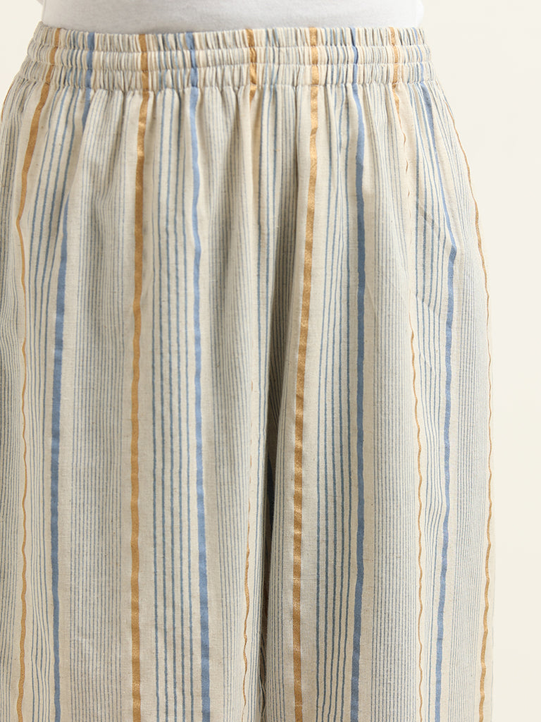 Utsa Light Blue Striped Blended Linen Pants