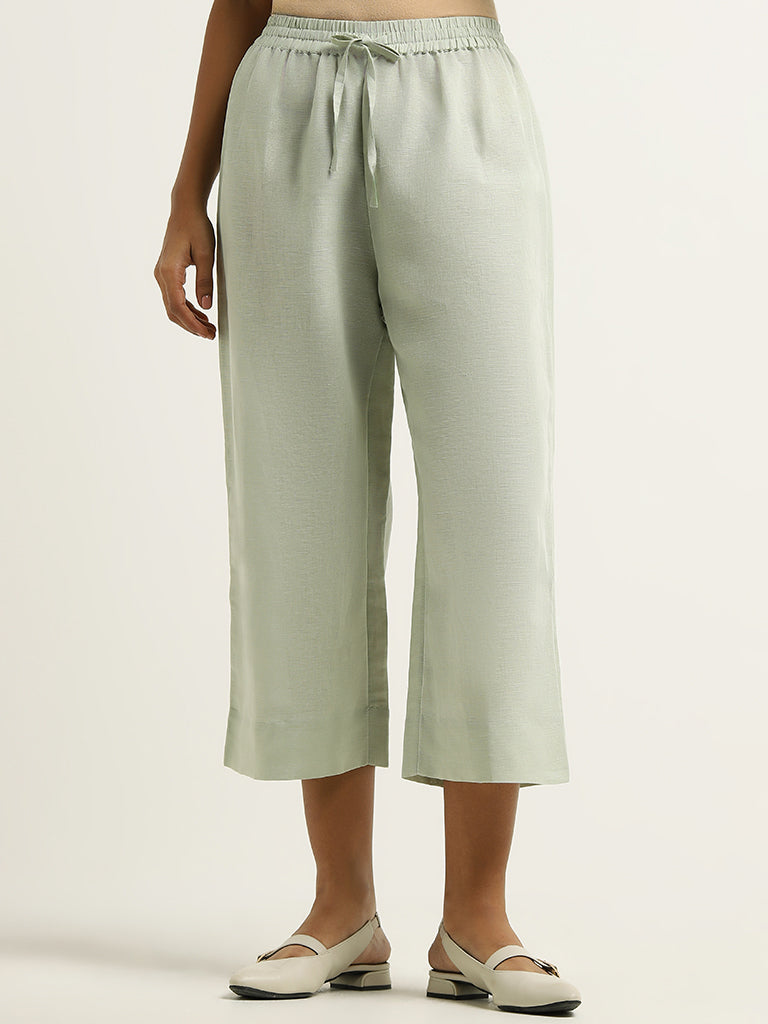 Zuba Green Mid-Rise Blended Linen Palazzos