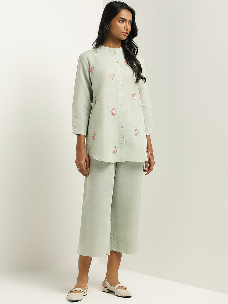 Zuba Green Mid-Rise Blended Linen Palazzos