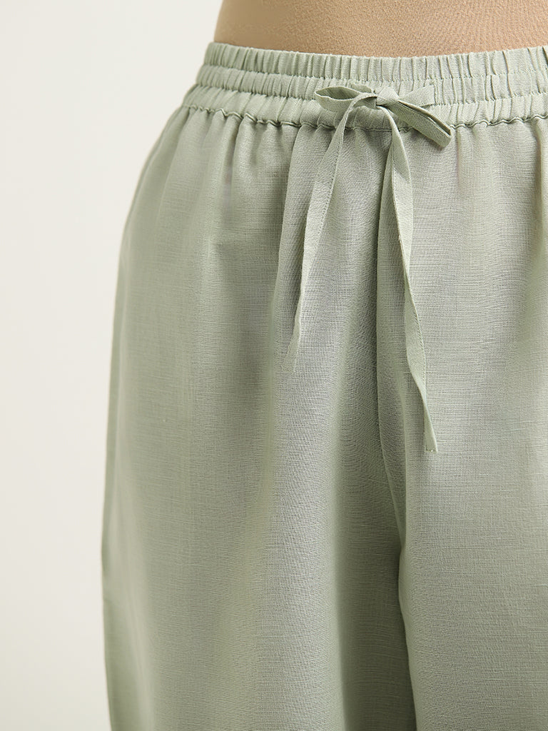 Zuba Green Mid-Rise Blended Linen Palazzos