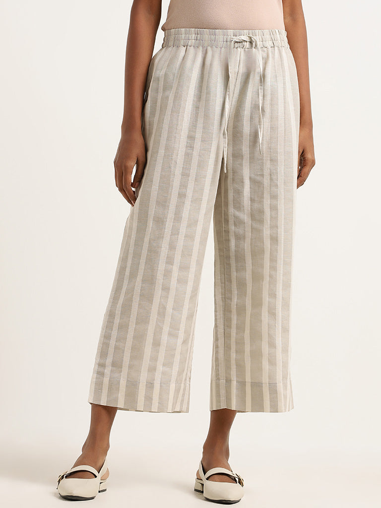 Zuba Beige Striped Blended Linen Palazzos