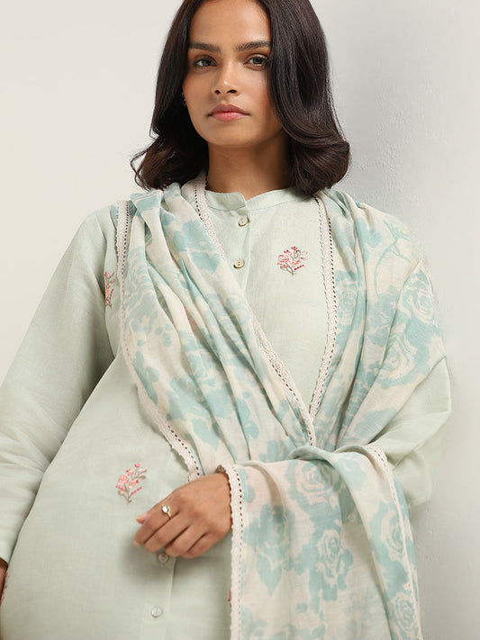 Zuba Pastel Green Printed Cotton Blend Dupatta