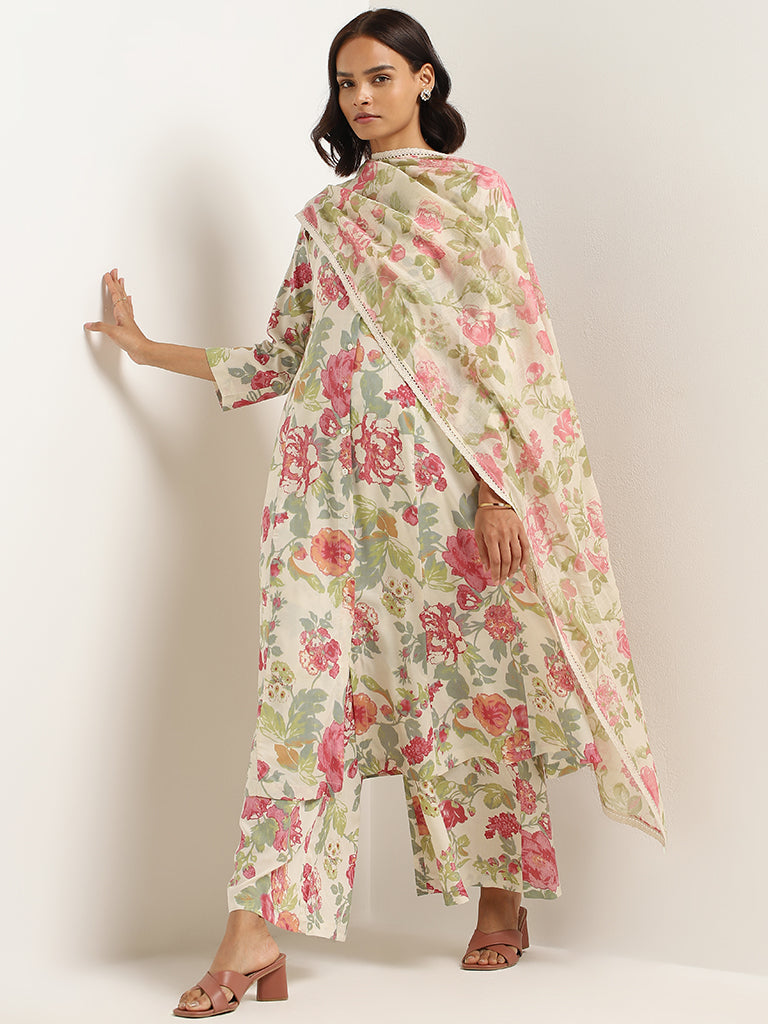 Zuba Off-White Floral Cotton Blend Stole