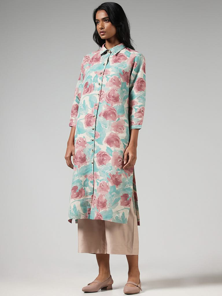 Zuba Blue Floral Printed Blended Linen Buttondown Kurta