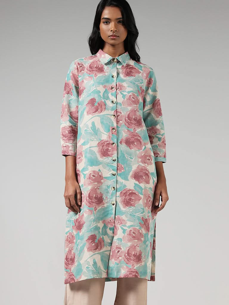 Zuba Blue Floral Printed Blended Linen Buttondown Kurta