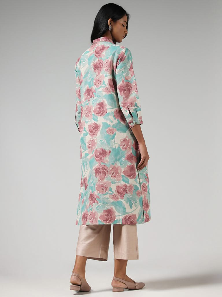 Zuba Blue Floral Printed Blended Linen Buttondown Kurta