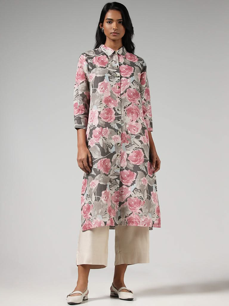 Zuba Grey Floral Printed Buttondown Linen Kurta