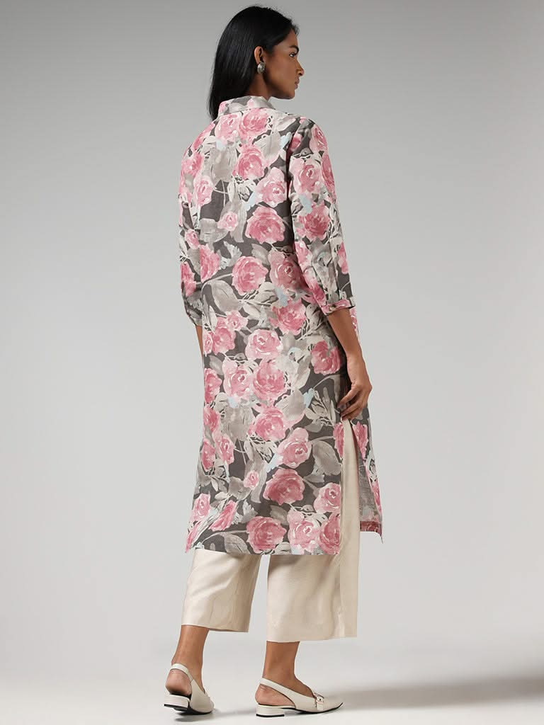 Zuba Grey Floral Printed Buttondown Linen Kurta