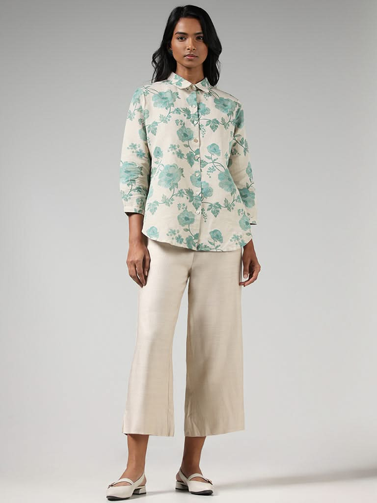 Zuba Green Floral Printed Blended Linen Buttondown Tunic