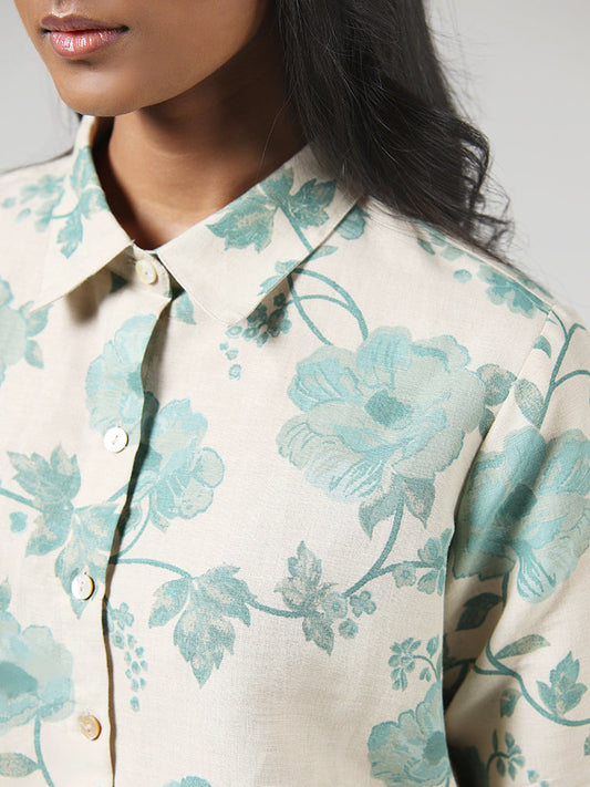 Zuba Green Floral Printed Blended Linen Buttondown Tunic