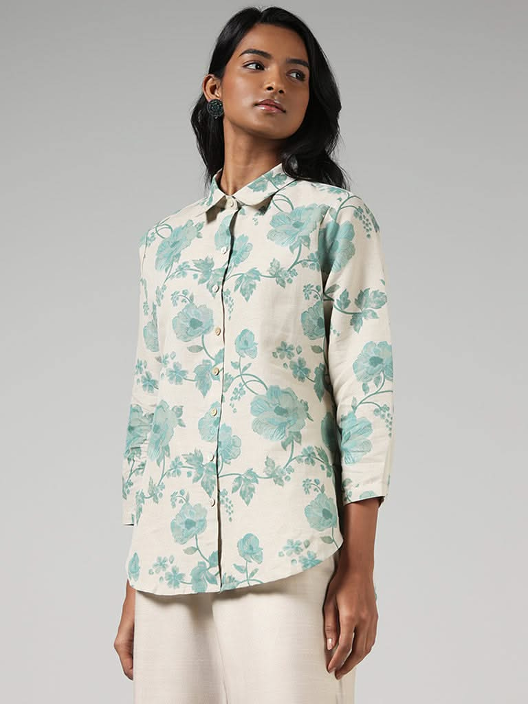 Zuba Green Floral Printed Blended Linen Buttondown Tunic