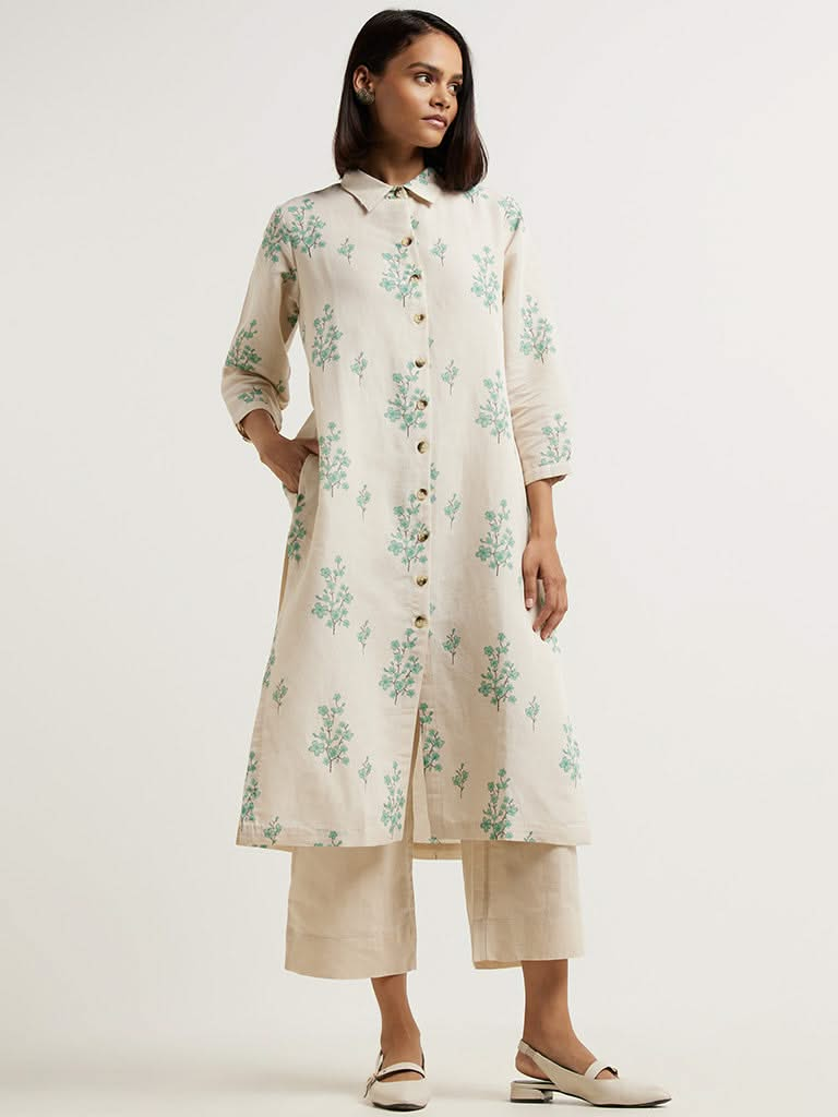 Zuba Cream Printed Blended Linen Kurta