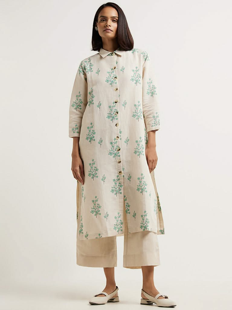 Zuba Cream Printed Blended Linen Kurta