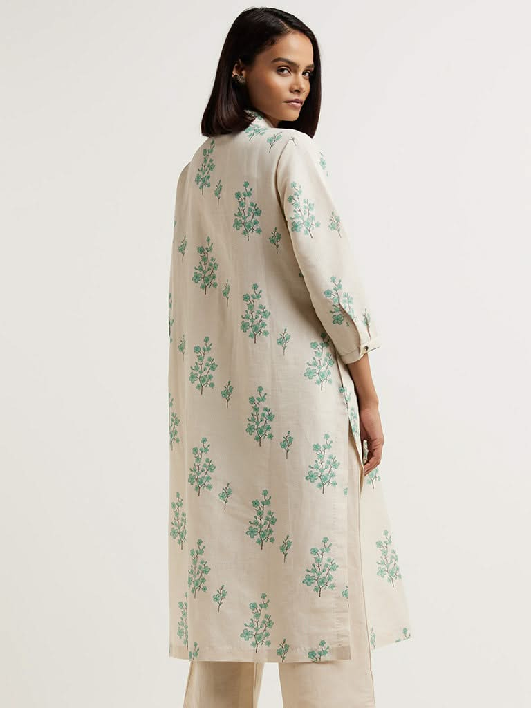 Zuba Cream Printed Blended Linen Kurta