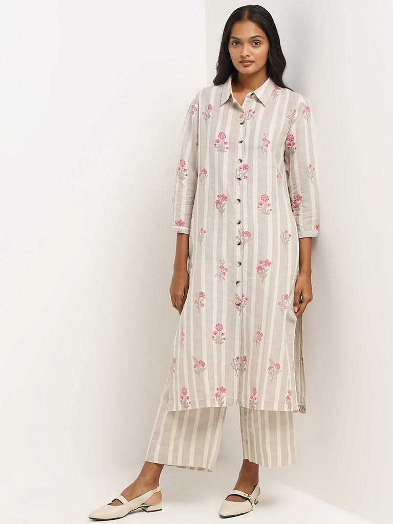 Zuba Beige Floral Blended Linen Kurta