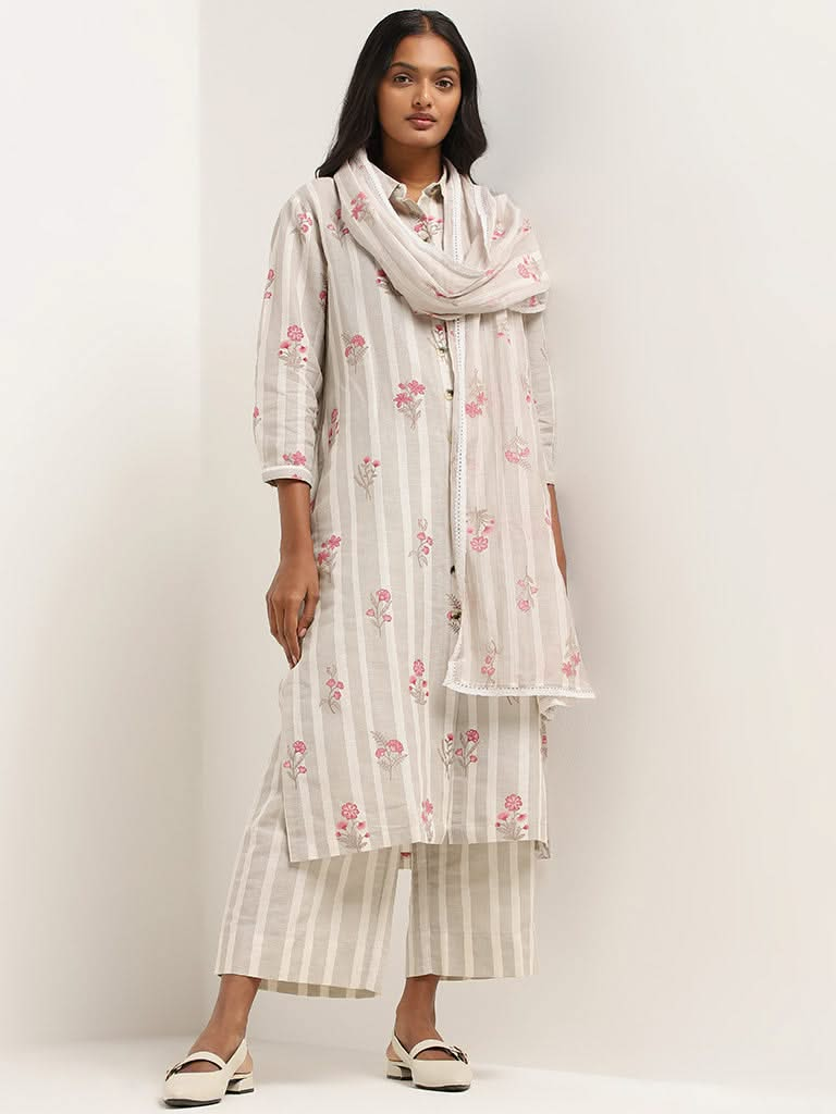 Zuba Beige Floral Blended Linen Kurta