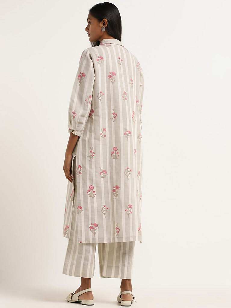 Zuba Beige Floral Blended Linen Kurta