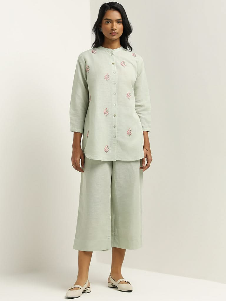 Zuba Green Floral Embroidered Blended Linen Tunic