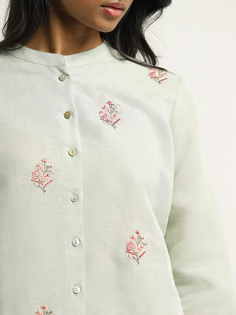 Zuba Green Floral Embroidered Blended Linen Tunic