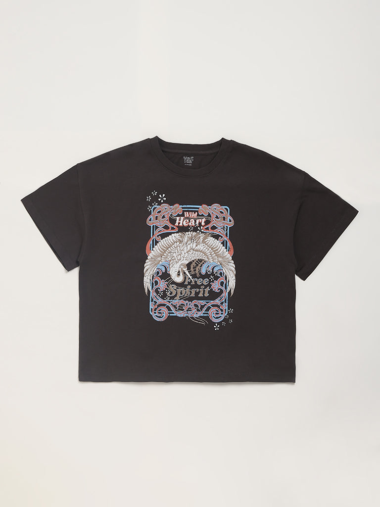 Y&F Kids Black Graphic Printed T-Shirt