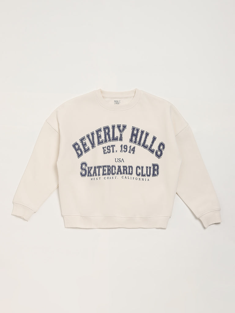 Y&F Kids Off White Printed Sweatshirt