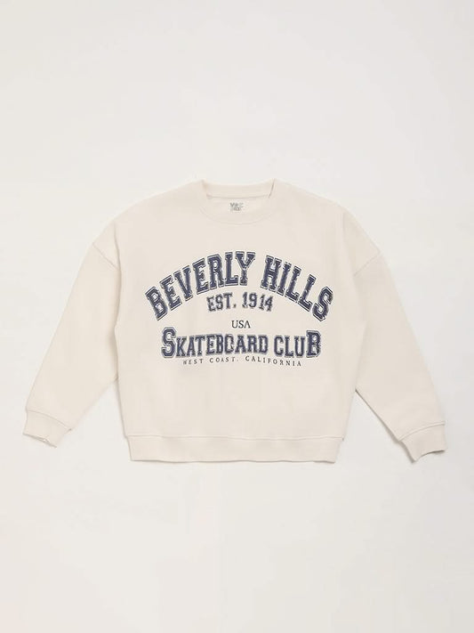 Y&F Kids Off White Printed Sweatshirt