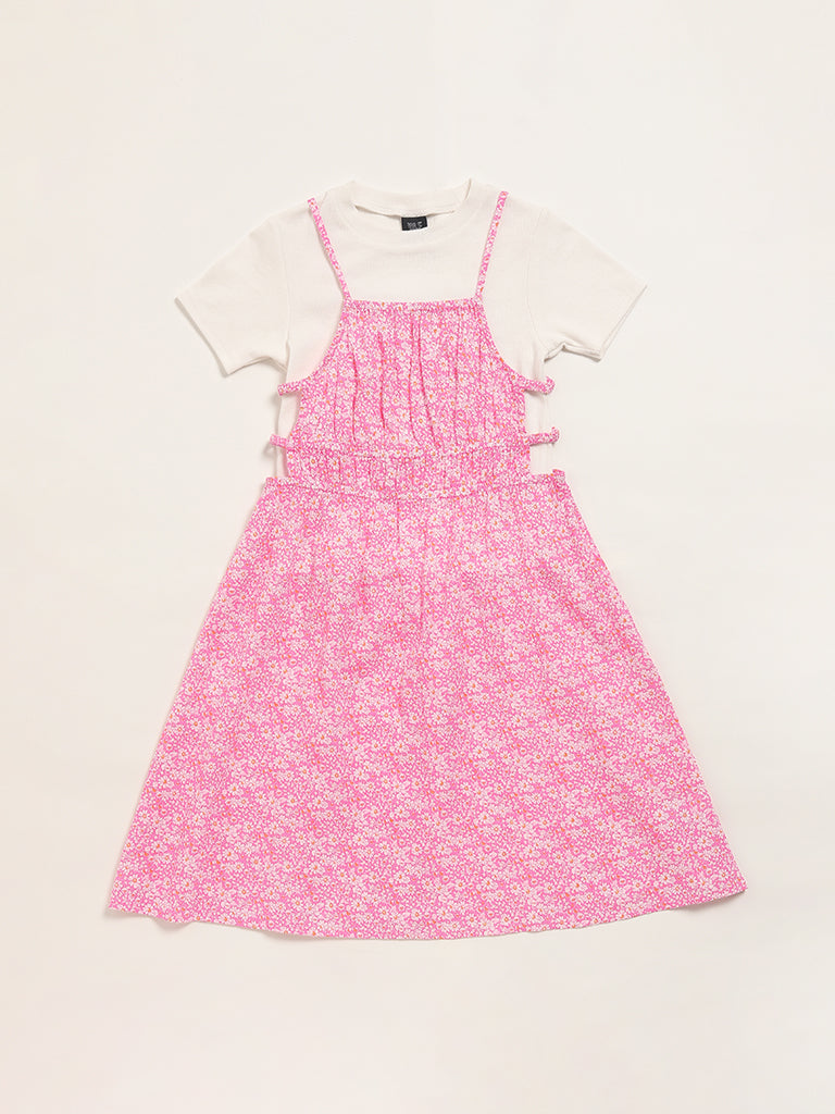 Y&F Kids Pink Floral Printed Dress & T-Shirt Set