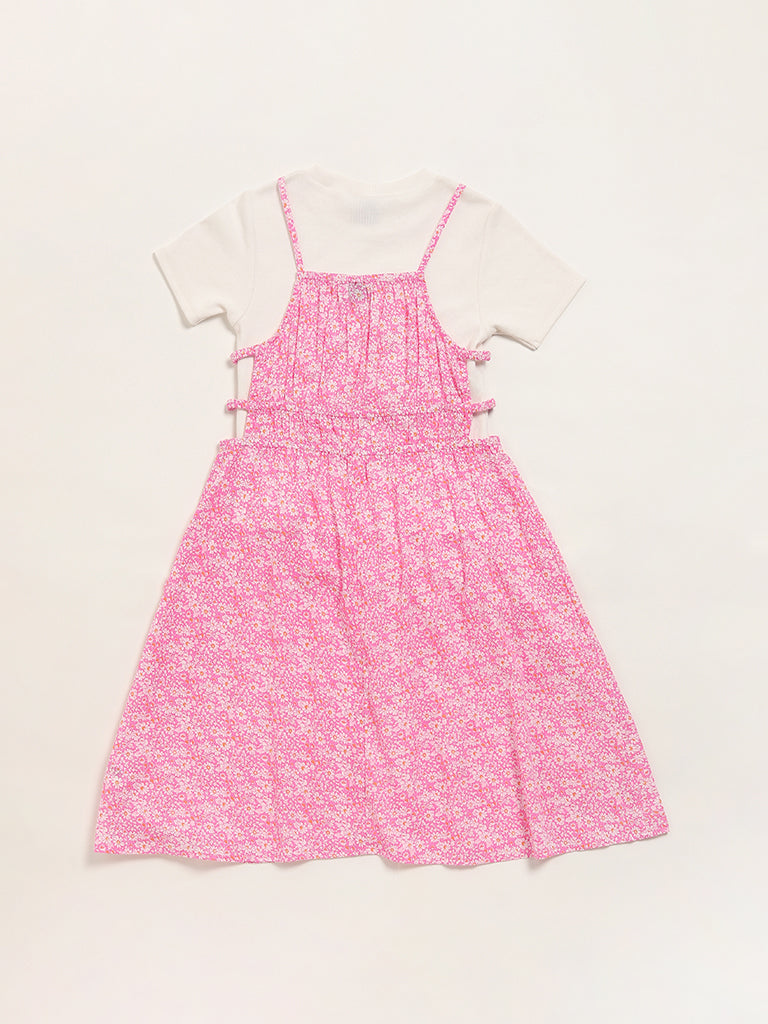 Y&F Kids Pink Floral Printed Dress & T-Shirt Set