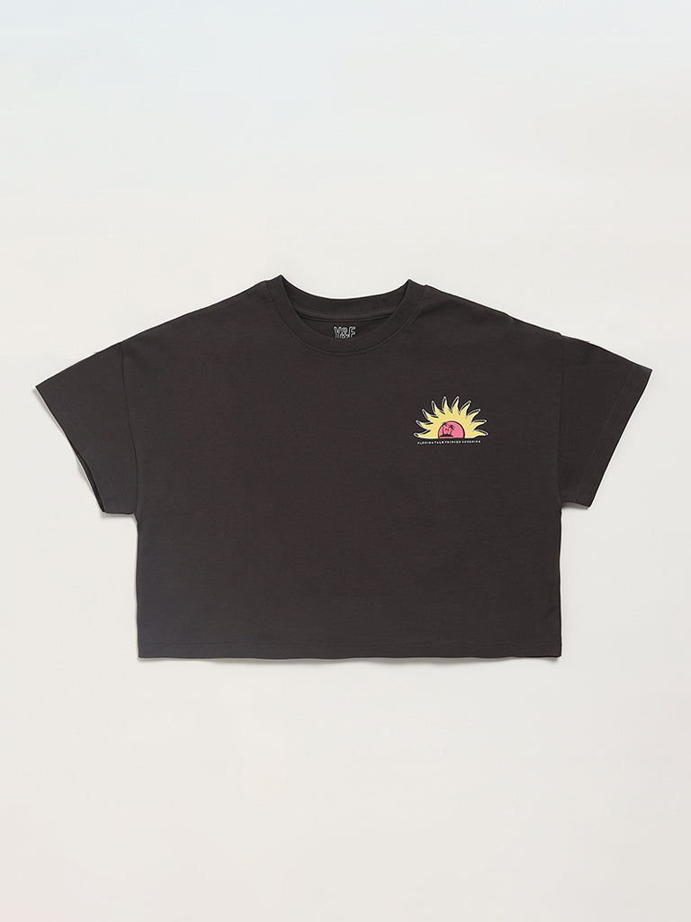 Y&F Kids Printed Black Crop T-Shirt