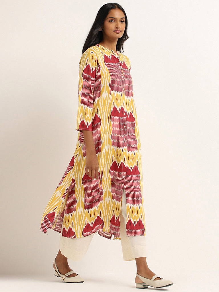 Utsa Yellow Ikkat Printed Cotton Kurta