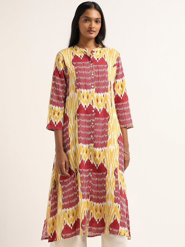 Utsa Yellow Ikkat Printed Cotton Kurta