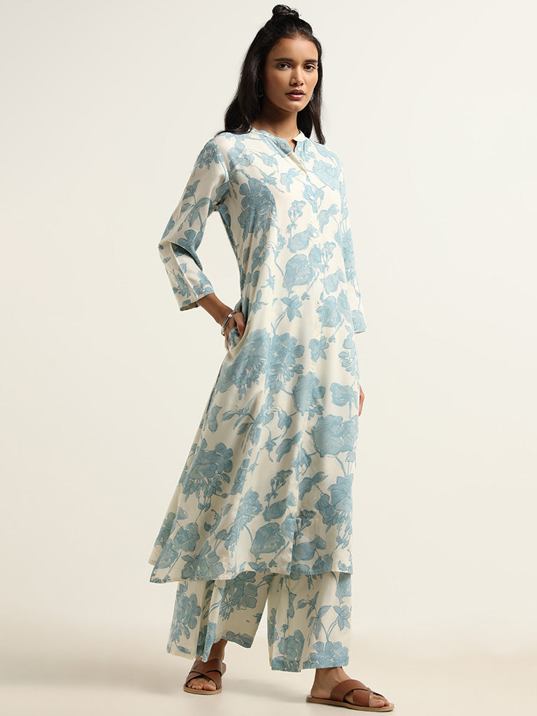 Utsa Blue Floral Cotton Kurta