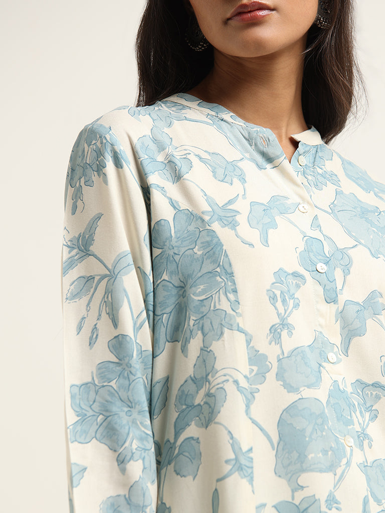 Utsa Blue Floral Cotton Kurta