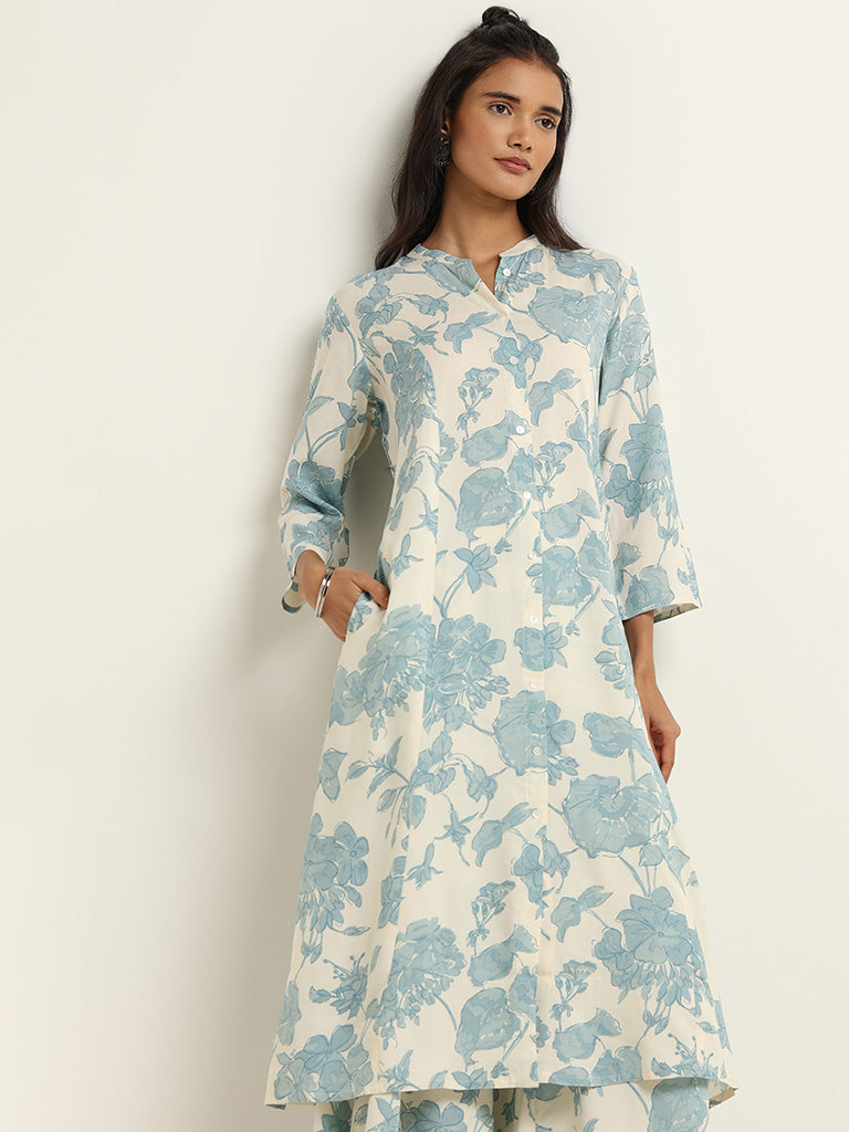 Utsa Blue Floral Cotton Kurta