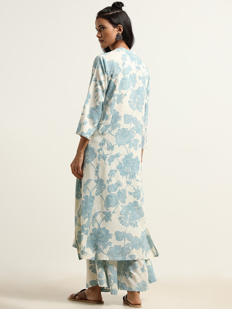 Utsa Blue Floral Cotton Kurta