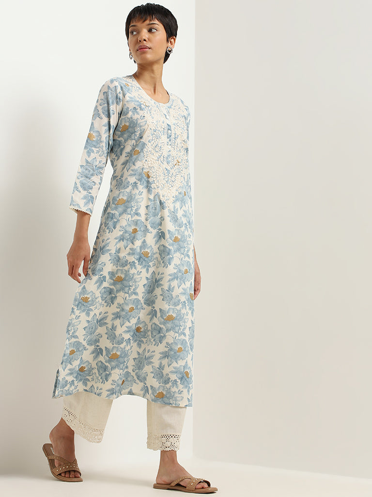 Utsa Blue Floral Cotton Kurta