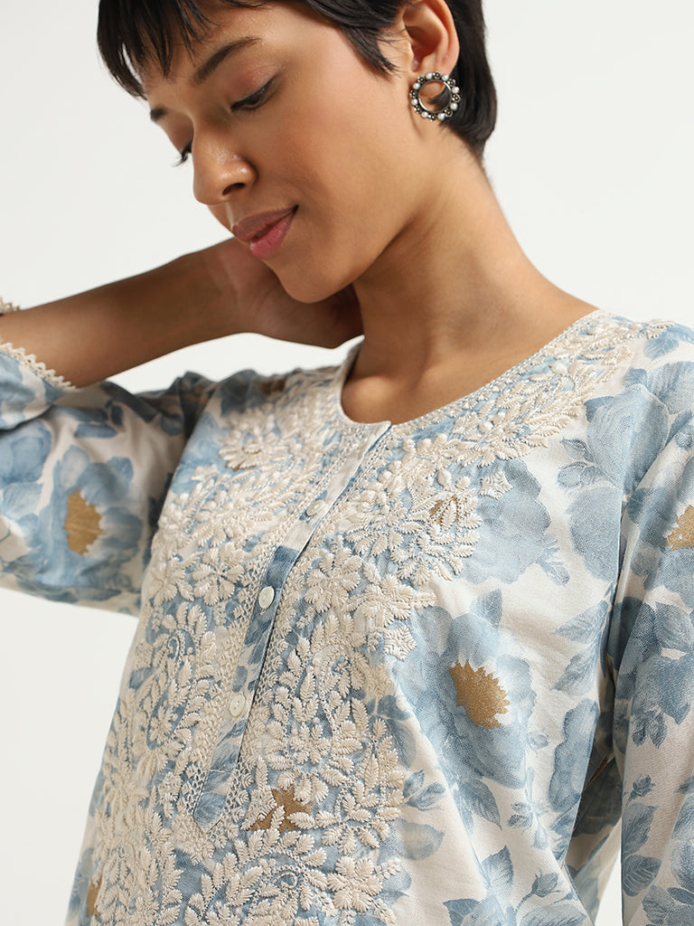 Utsa Blue Floral Cotton Kurta