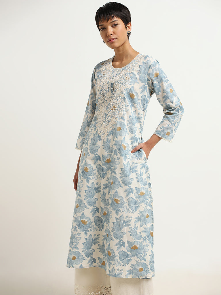 Utsa Blue Floral Cotton Kurta