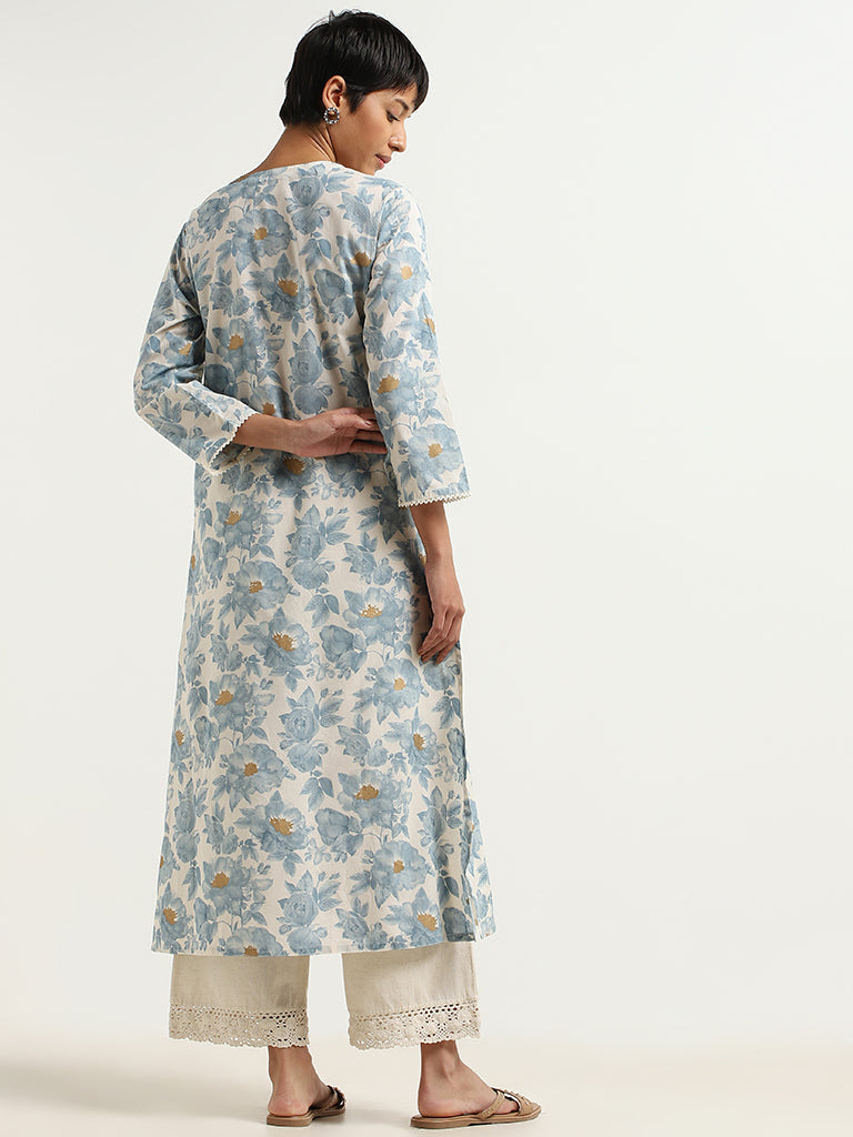 Utsa Blue Floral Cotton Kurta