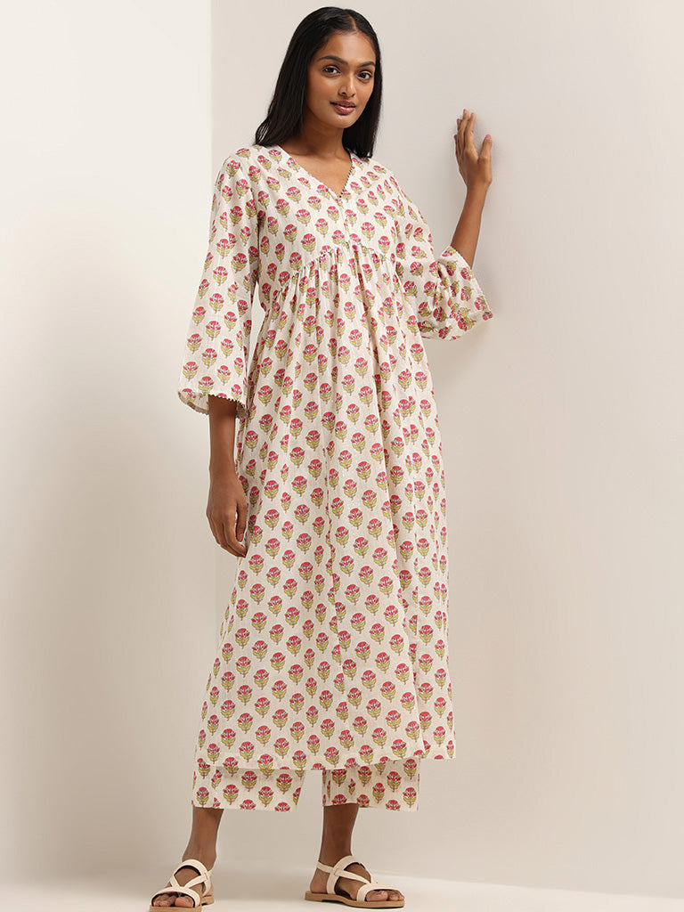 Utsa Off White Floral Printed Cotton Blend Kurta