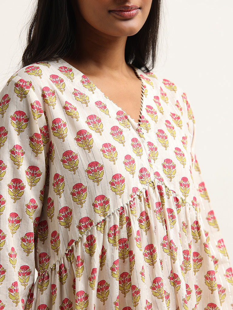 Utsa Off White Floral Printed Cotton Blend Kurta