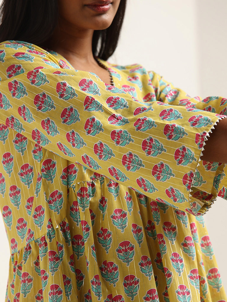 Utsa Yellow Floral Printed Cotton Blend Kurta