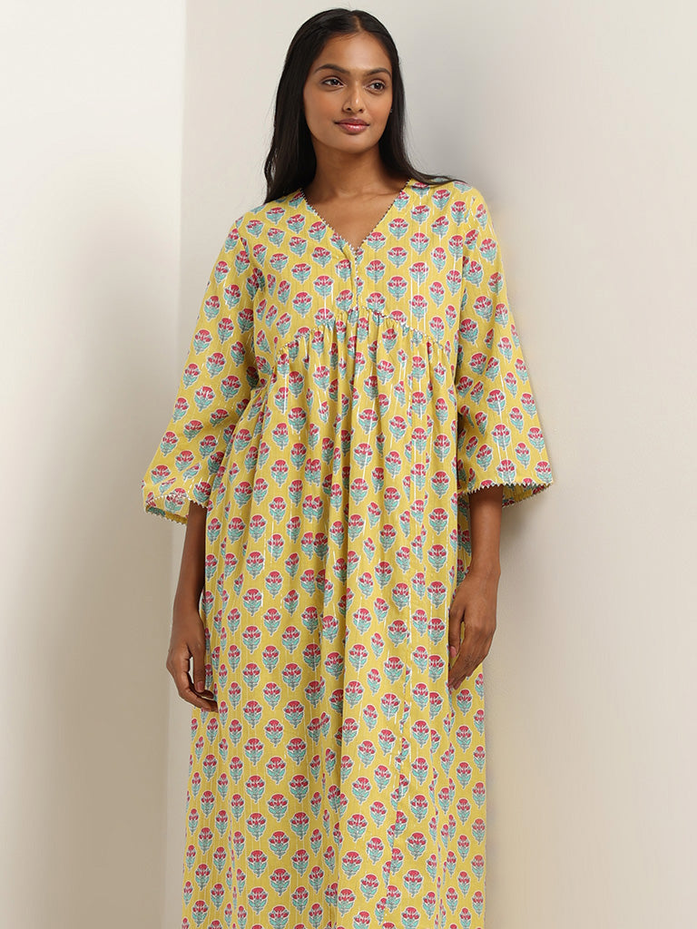 Utsa Yellow Floral Printed Cotton Blend Kurta