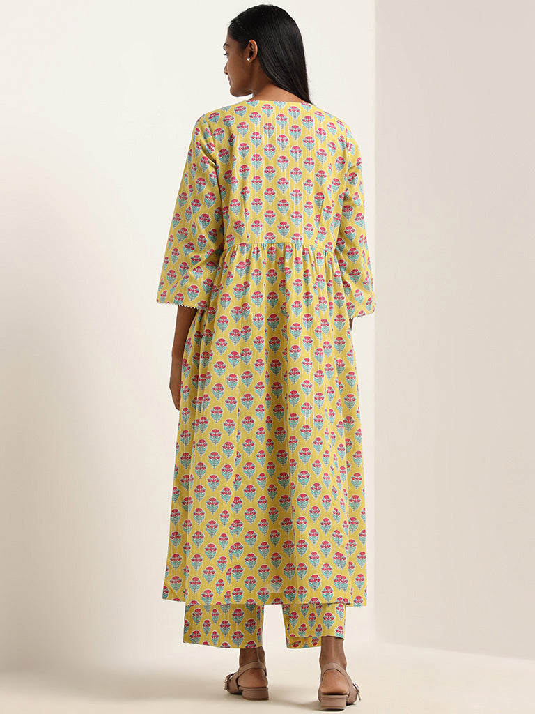 Utsa Yellow Floral Printed Cotton Blend Kurta