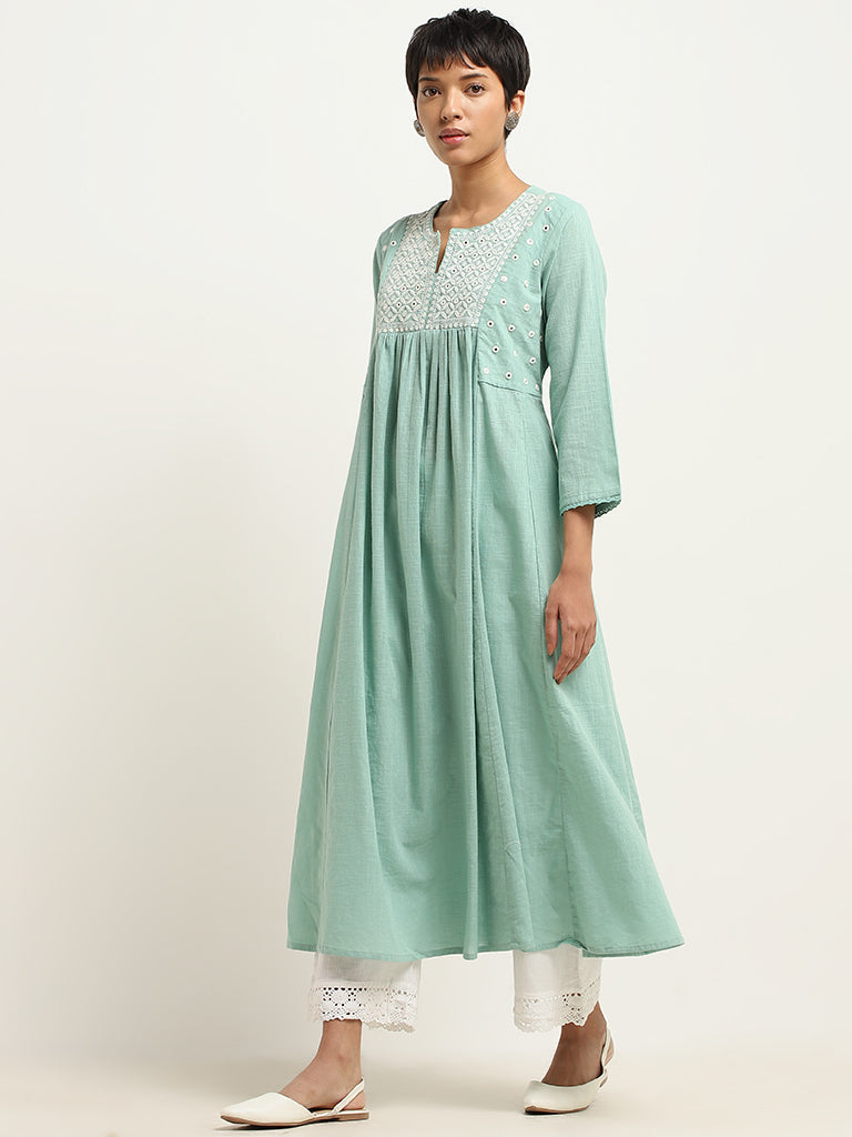 Utsa Aqua Embroidered Cotton A-Line Kurta