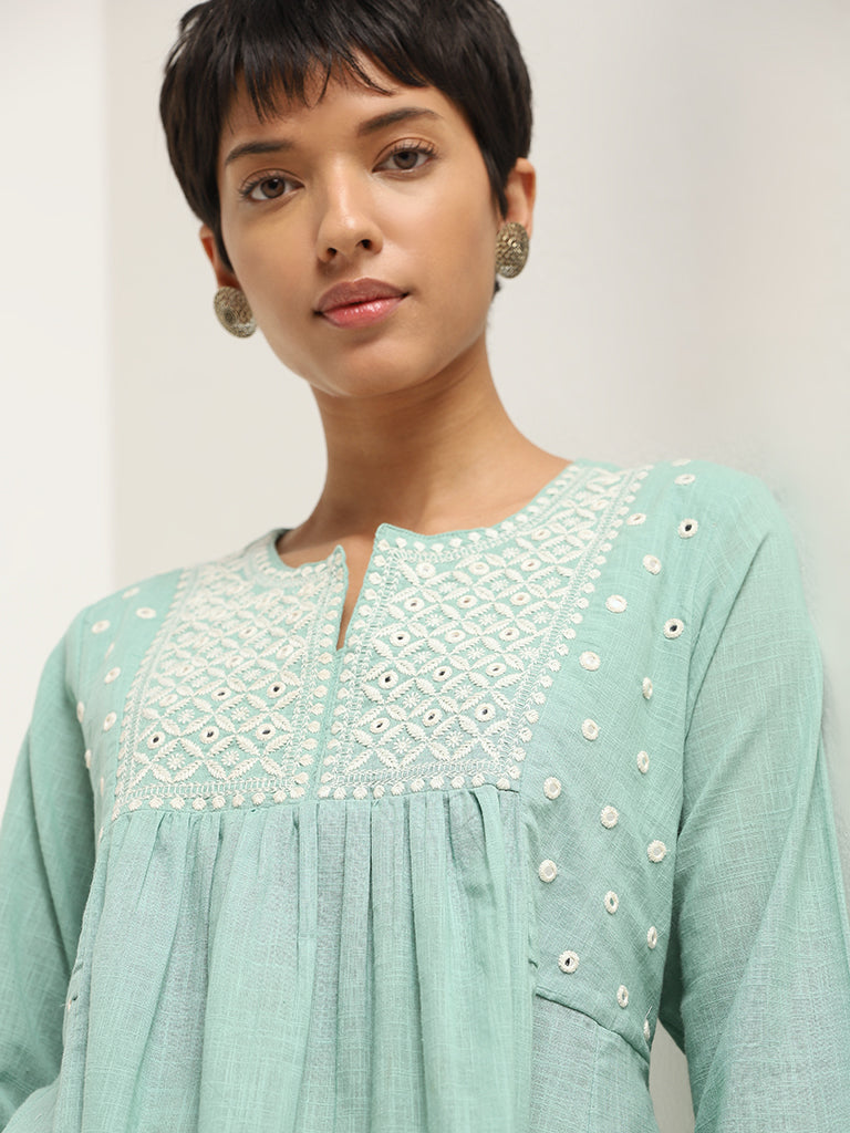 Utsa Aqua Embroidered Cotton A-Line Kurta